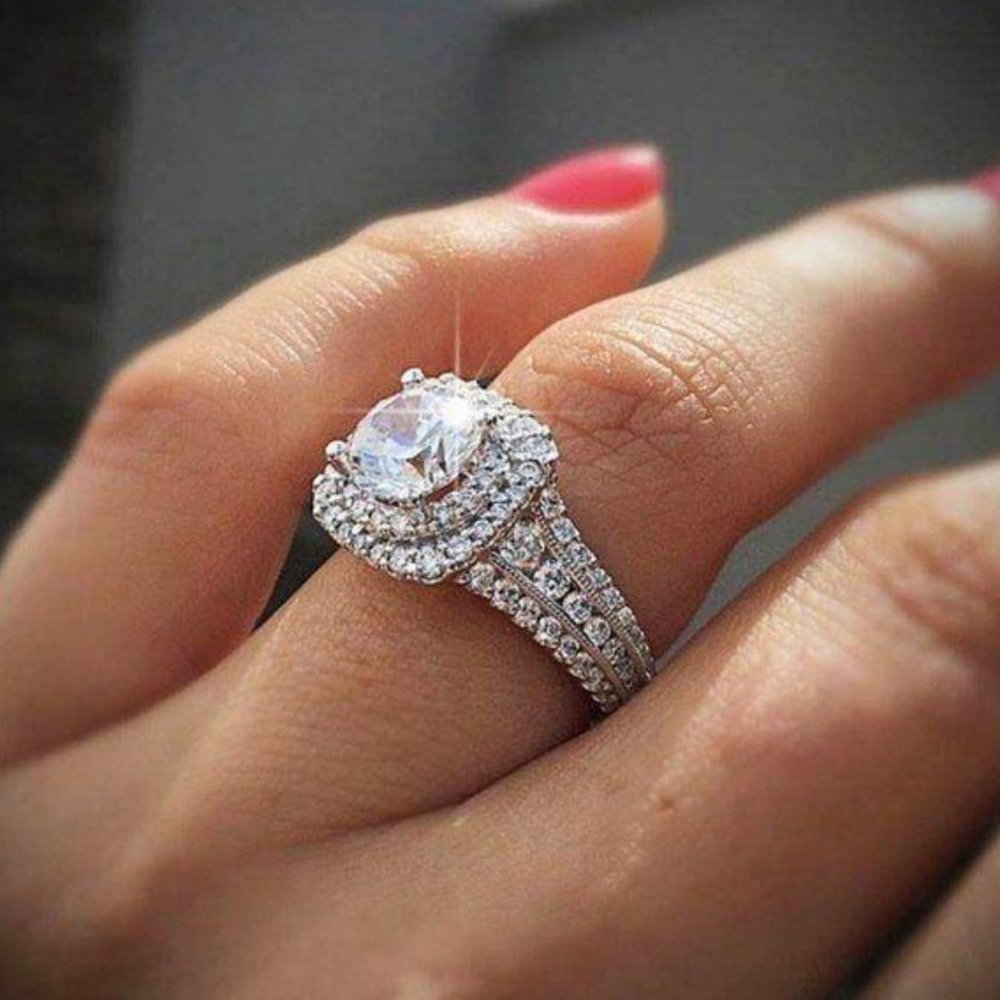 NEW 925 Sterling Silver Diamond Double Halo Ring - Picture 2 of 5